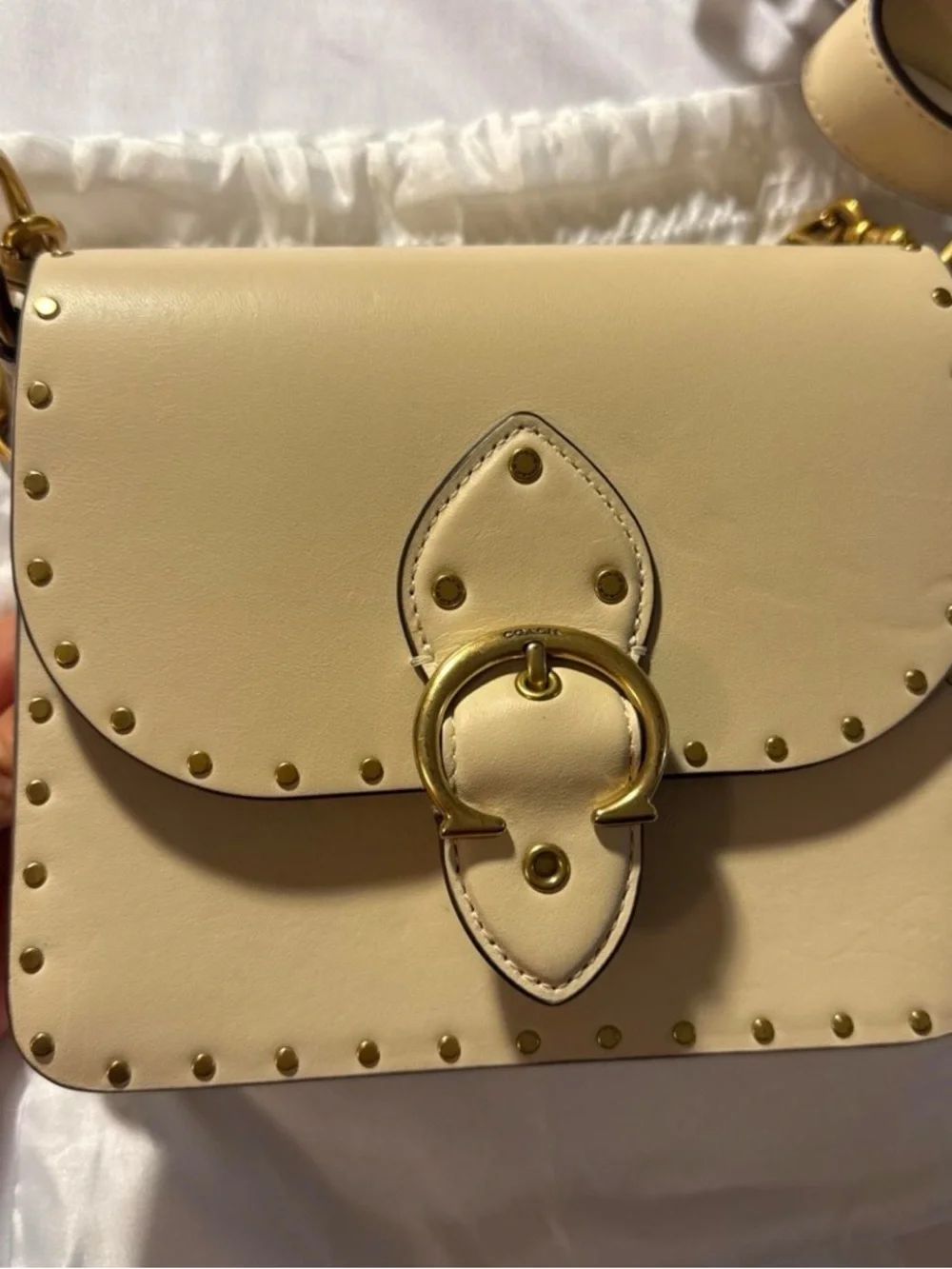 Coach Beige Leather Studded Saddle Crossbody with Gold Chain - Picture 2 of 6